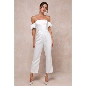 Chic Vow White Satin Off-the-Shoulder Bow Jumpsuit